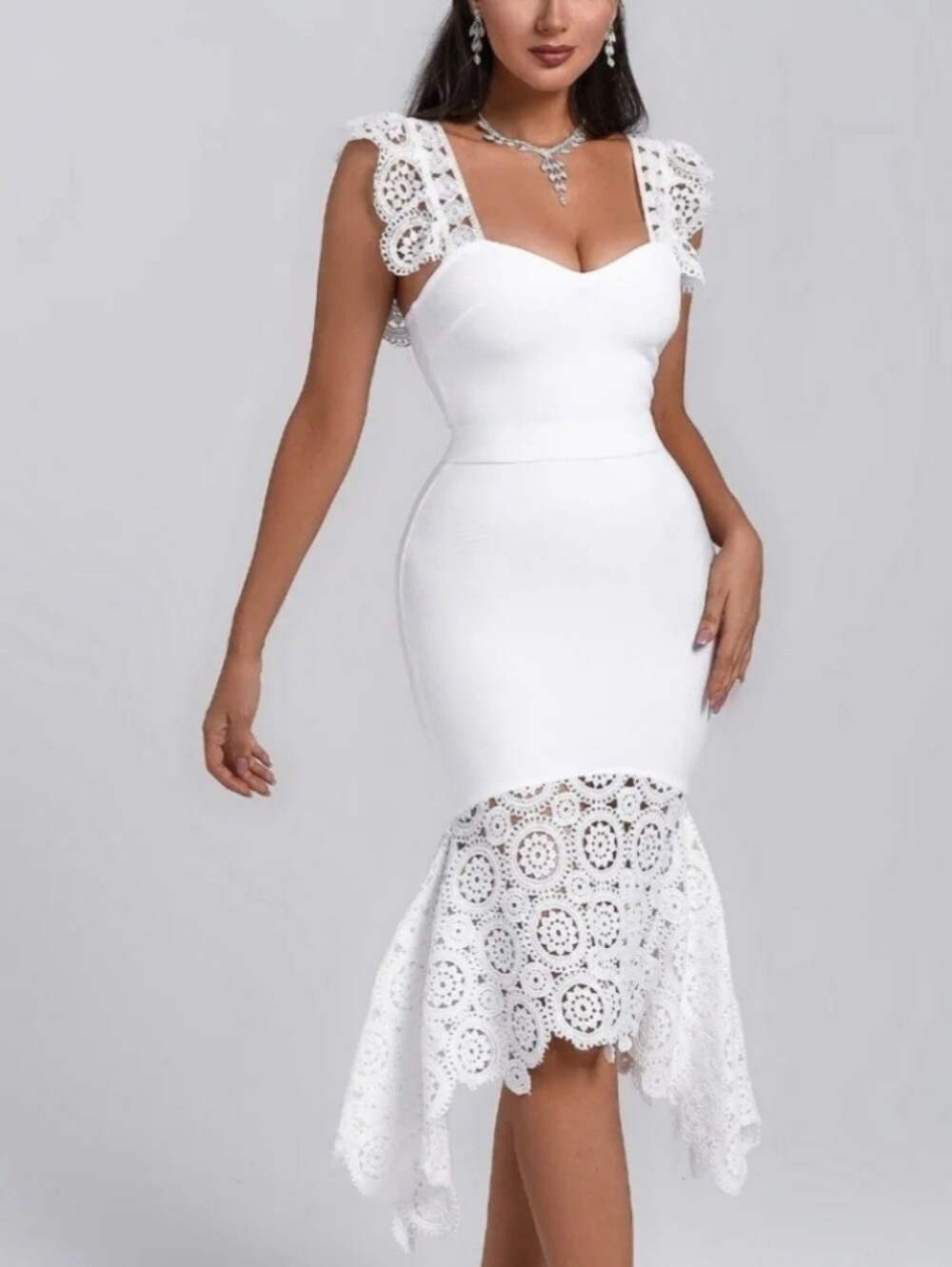 White Lace-Trim Fitted Dress